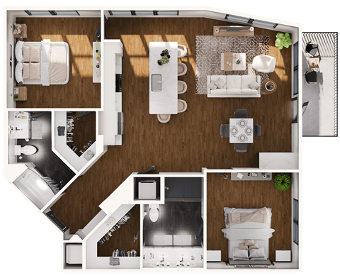 Floor plan for 2 beds, 2 baths, 1223 sqft
